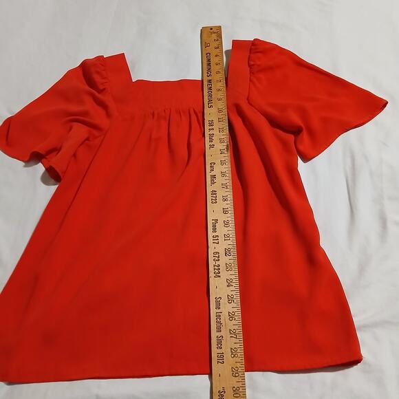 Brina & Em Small Coral Red Square-Gathered-Neck Flutter-Sleeve A Line Top - Picture 3 of 7